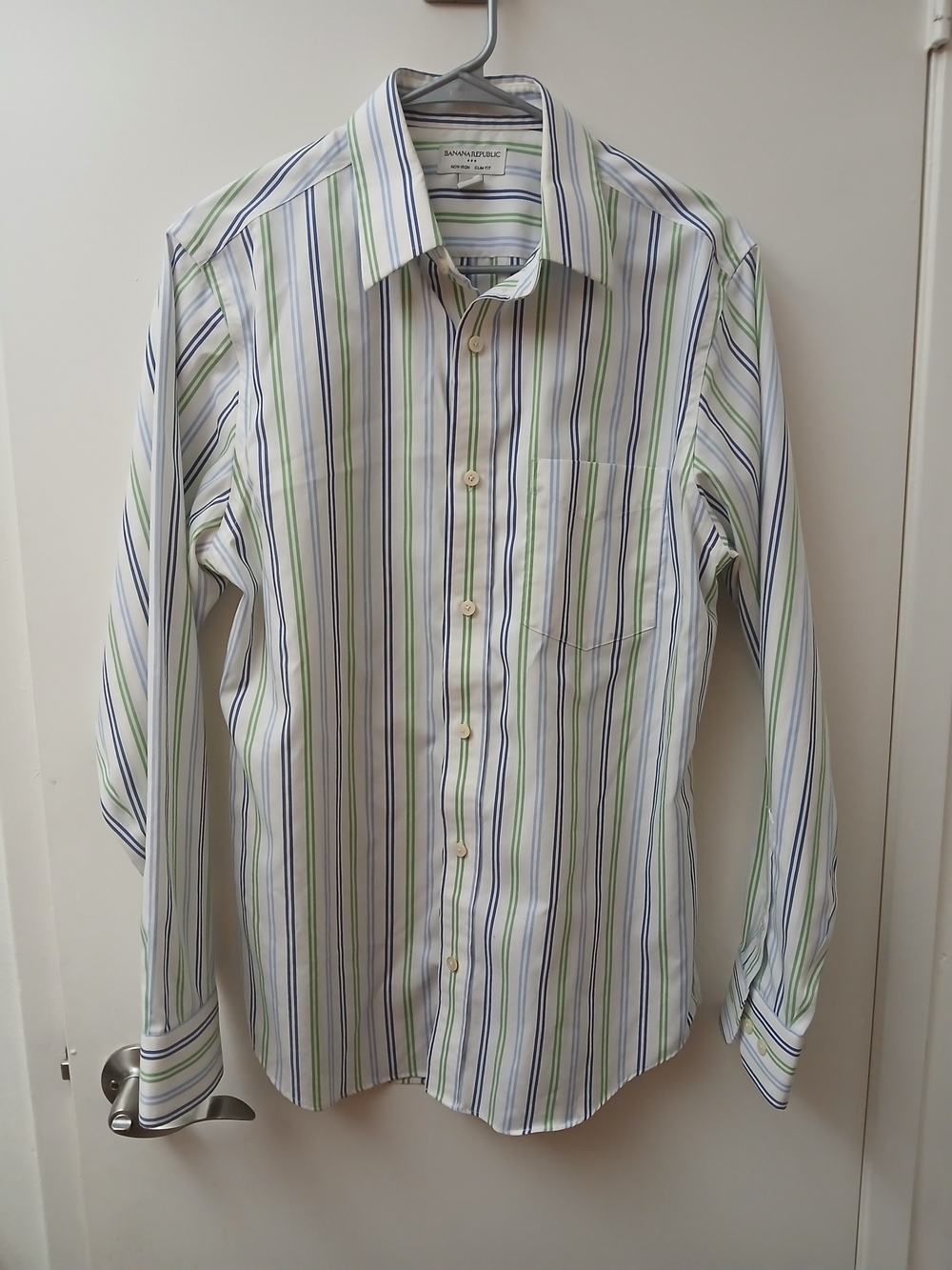 Mens Banana Republic White Shirt with Blue & Green Stripes